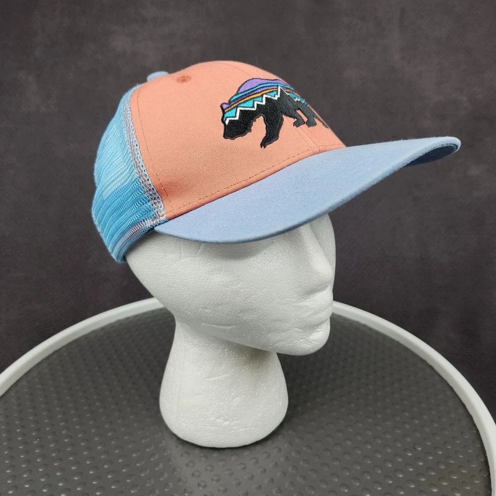 Patagonia Fitz Roy Bear Trucker Hat Cap Snap Back Blue Orange Mesh Kids One Size